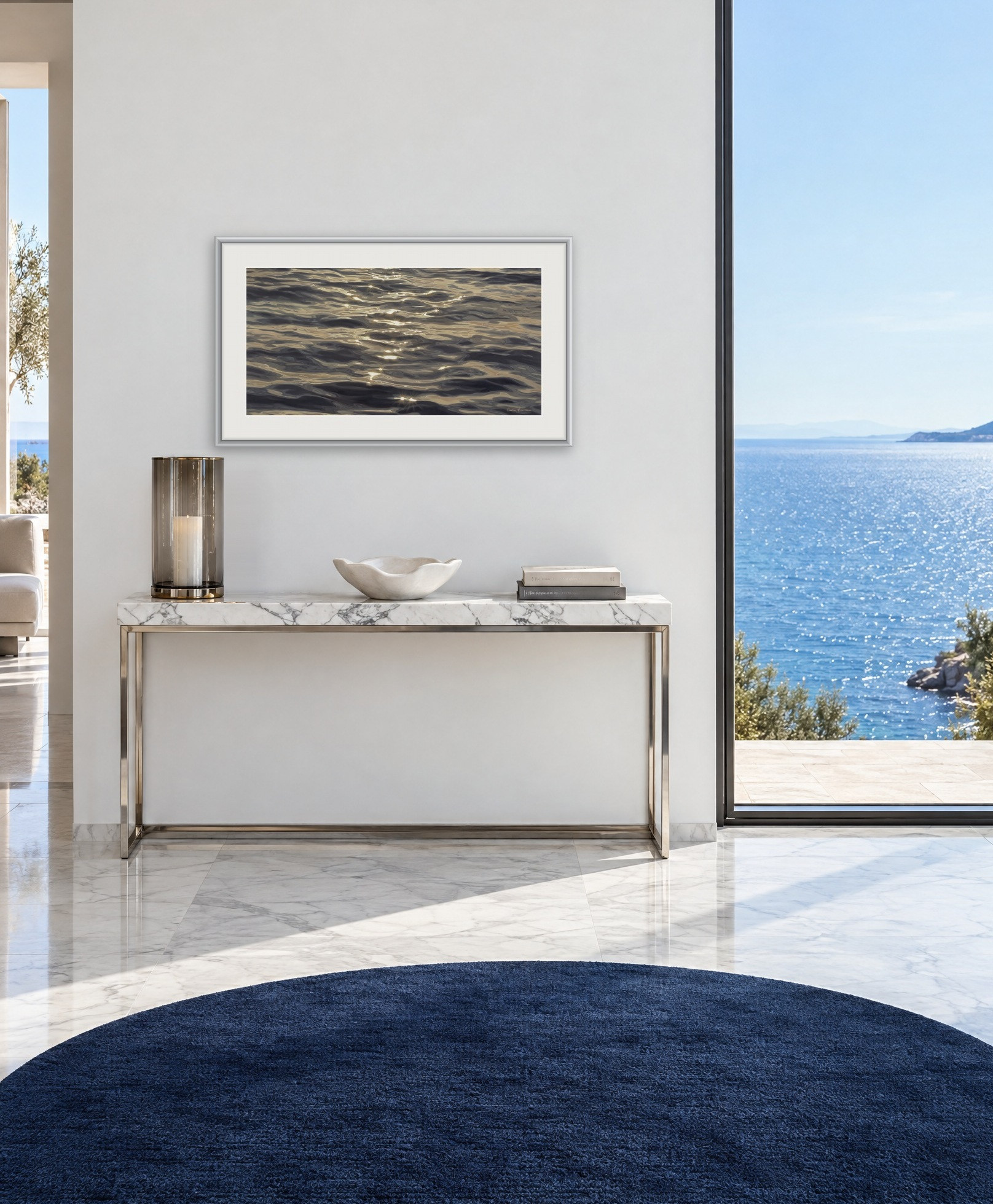 Liquid Gold print by Carina Francioso, framed, in a sea-view entryway